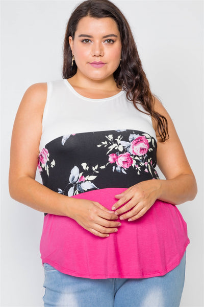 Plus Size Color Block Floral Print Sleeveless Top