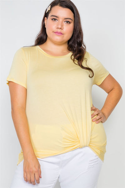 Plus Size Solid Front-twist Short Sleeve Top
