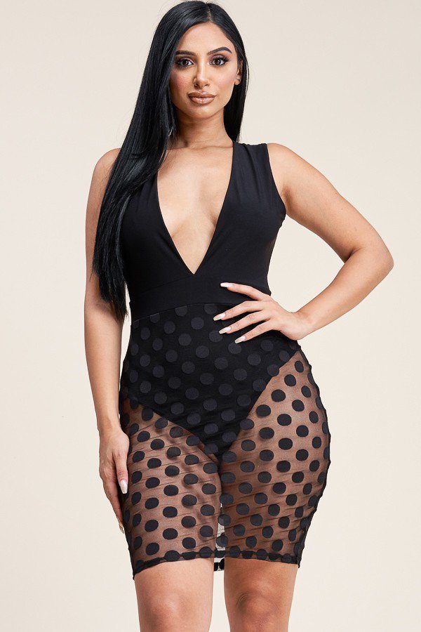 Sleeveless Plunged V Neck Mini Dress With Burnout Mesh Skirt