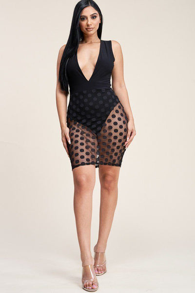 Sleeveless Plunged V Neck Mini Dress With Burnout Mesh Skirt