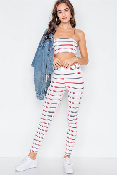 Multi Stripe Ribbed Crop Tube Top & Ankle Legging Set