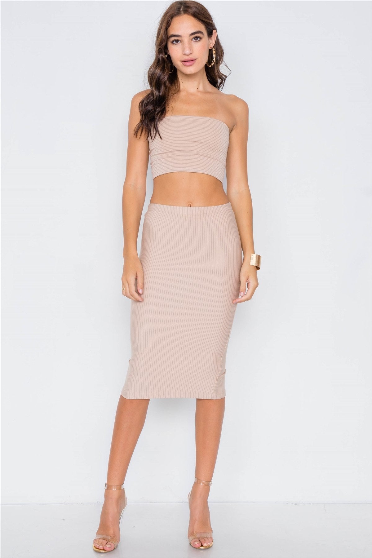 Pinstripe Lace-up Crop Top & Midi Skirt Set
