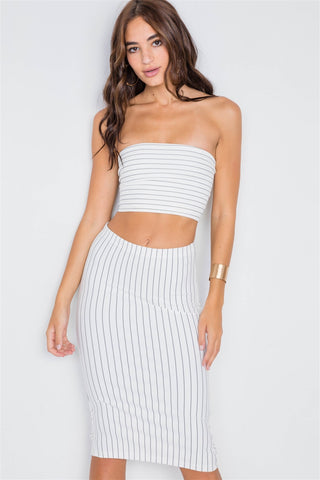 Pinstripe Lace-up Crop Top & Midi Skirt Set