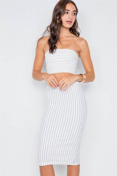 Pinstripe Lace-up Crop Top & Midi Skirt Set