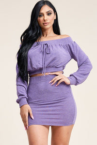 Solid French Terry Long Sleeve Off The Shoulder Top And Skirt Two Piece Set