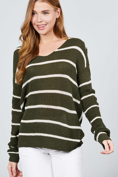 Long Sleeve V-neck Twist Back Stripe Sweater Top