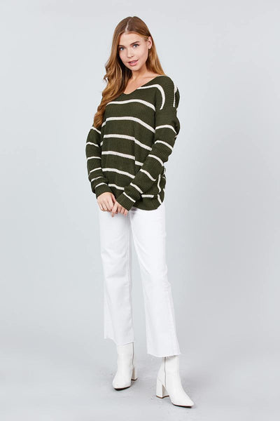 Long Sleeve V-neck Twist Back Stripe Sweater Top