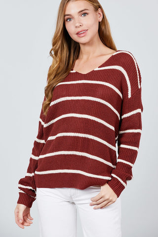 Long Sleeve V-neck Twist Back Stripe Sweater Top