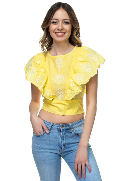 Embroidered Ruffle Sleeve Top