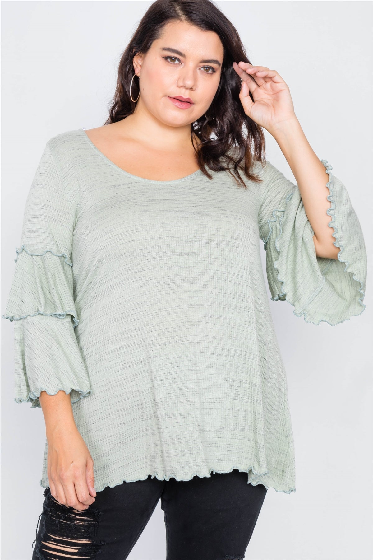 Plus Size Tiered Ruffle Bell Sleeve Scoop Neck Top
