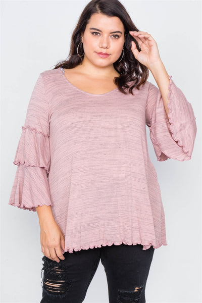 Plus Size Tiered Ruffle Bell Sleeve Scoop Neck Top