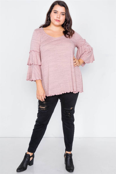 Plus Size Tiered Ruffle Bell Sleeve Scoop Neck Top