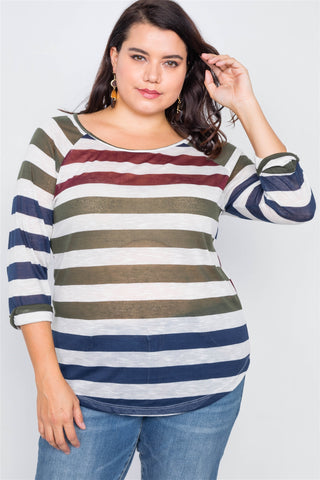 Plus Size Sheer Stripe Round Neck Top