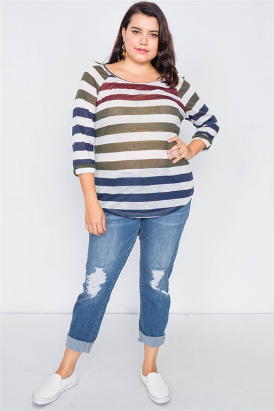 Plus Size Sheer Stripe Round Neck Top