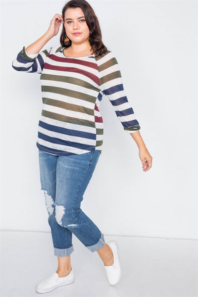 Plus Size Sheer Stripe Round Neck Top