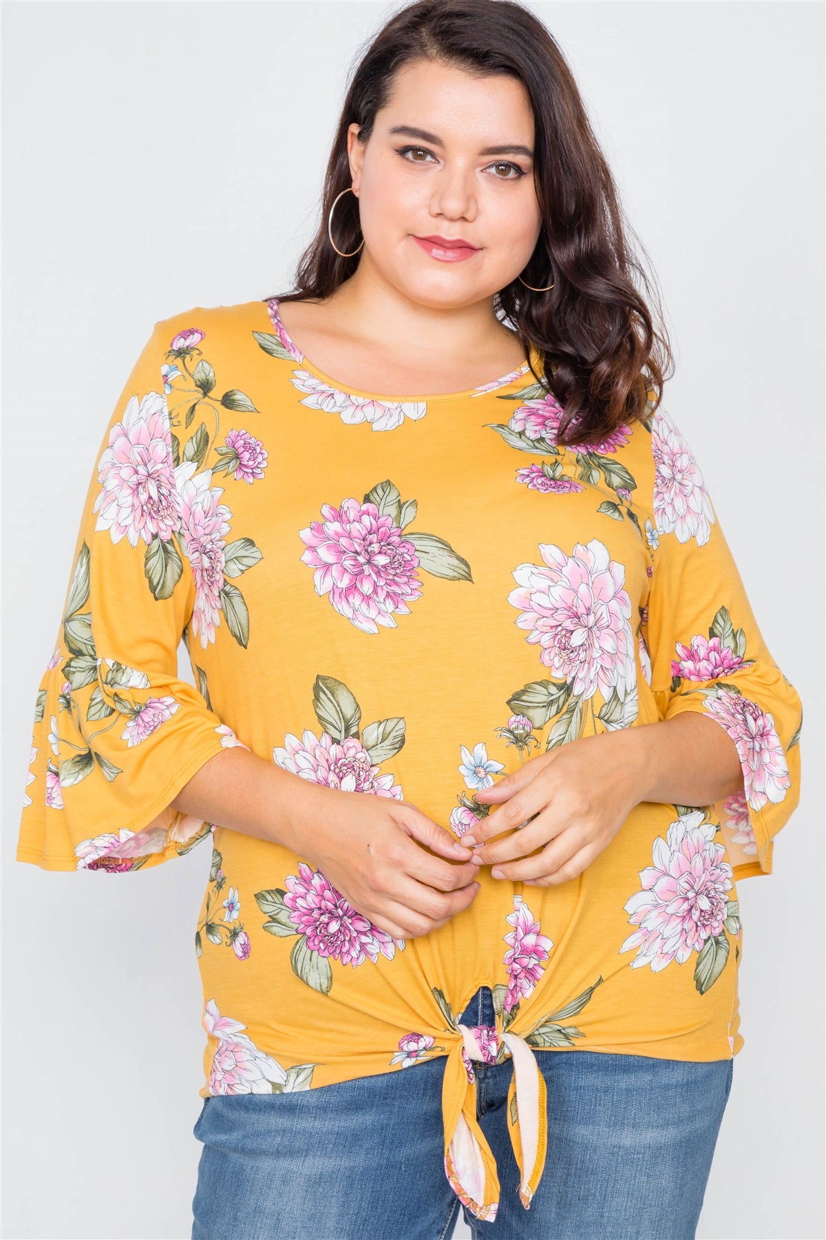 Plus Size Floral Print Front Knot High-low Top