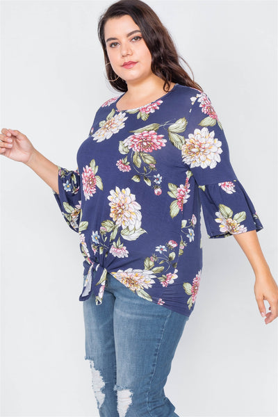 Plus Size Floral Print Front Knot High-low Top