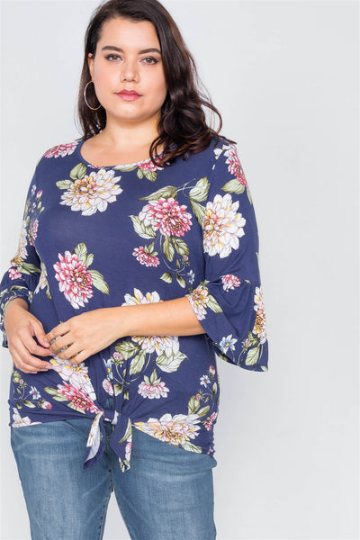 Plus Size Floral Print Front Knot High-low Top