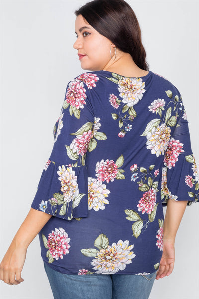 Plus Size Floral Print Front Knot High-low Top