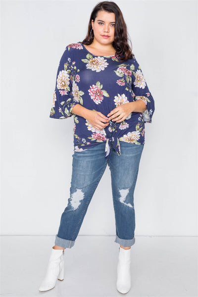 Plus Size Floral Print Front Knot High-low Top
