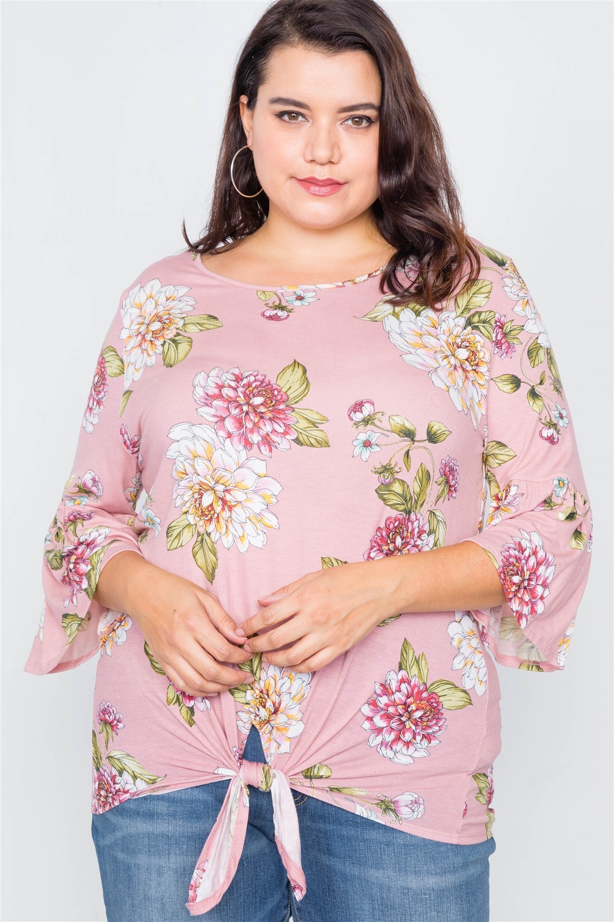 Plus Size Floral Print Front Knot High-low Top