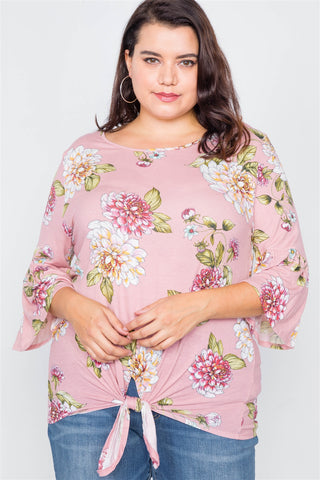 Plus Size Floral Print Front Knot High-low Top
