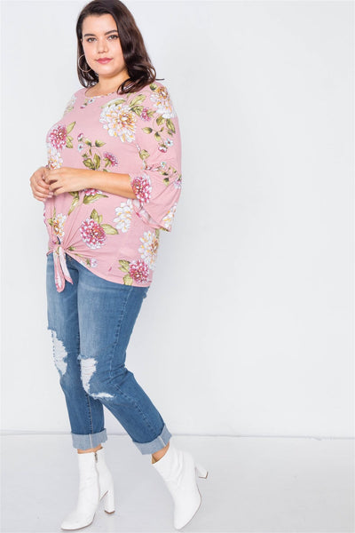 Plus Size Floral Print Front Knot High-low Top