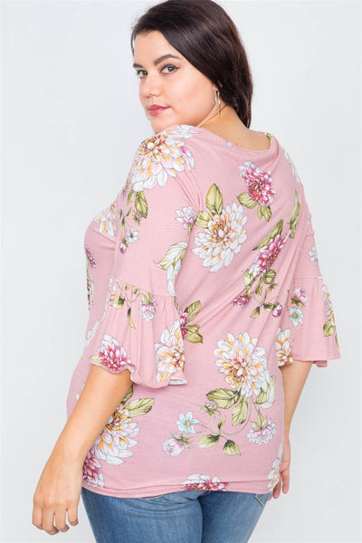 Plus Size Floral Print Front Knot High-low Top