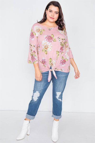 Plus Size Floral Print Front Knot High-low Top