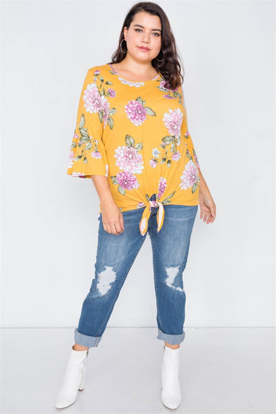 Plus Size Floral Print Front Knot High-low Top