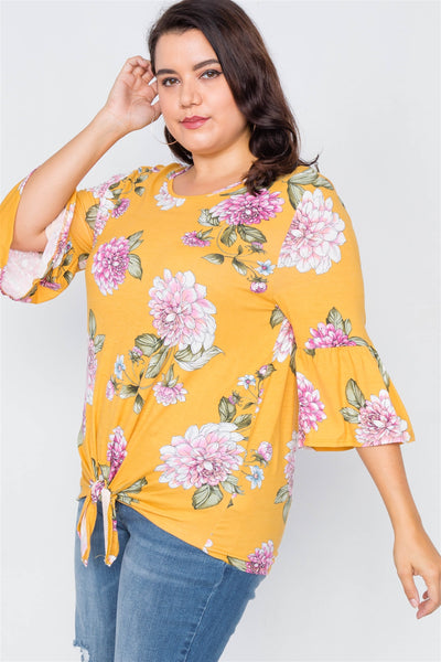 Plus Size Floral Print Front Knot High-low Top