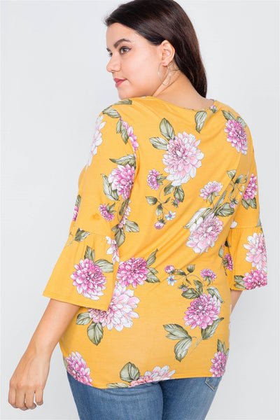 Plus Size Floral Print Front Knot High-low Top