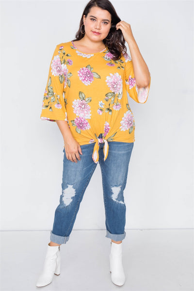 Plus Size Floral Print Front Knot High-low Top