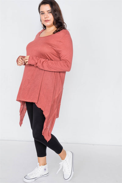 Plus Size Solid Shark Bite Raw Hem Top
