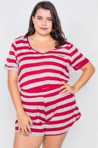 Plus Size Rolled Short Sleeve Stripe Comfy Short Set