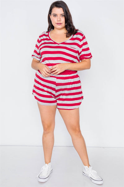 Plus Size Rolled Short Sleeve Stripe Comfy Short Set