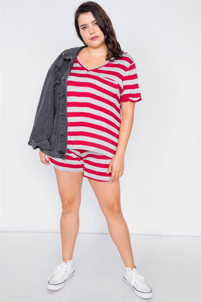 Plus Size Rolled Short Sleeve Stripe Comfy Short Set