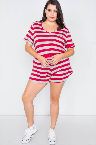 Plus Size Rolled Short Sleeve Stripe Comfy Short Set