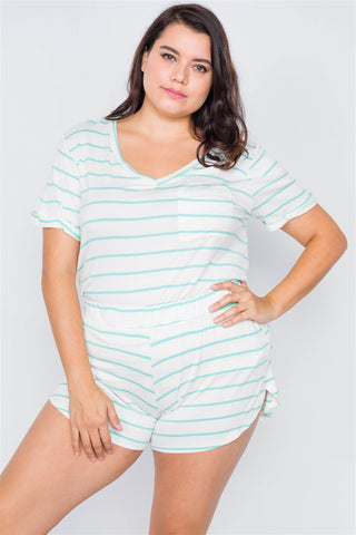 Plus Size Rolled Short Sleeve Stripe Comfy Short Set