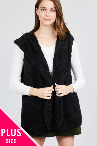 Open Front W/hoodie Faux Fur Vest