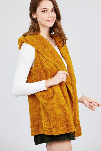 Open Front W/hoodie Faux Fur Vest
