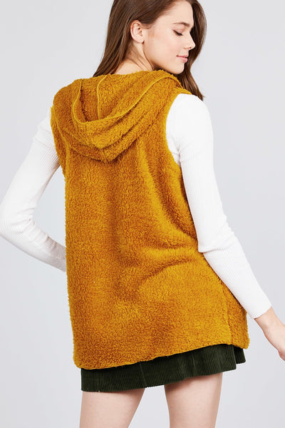 Open Front W/hoodie Faux Fur Vest