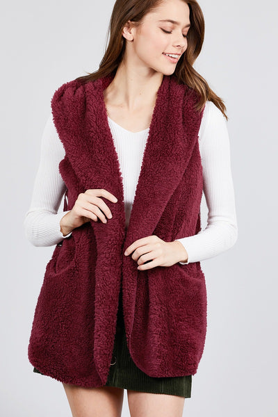 Open Front W/hoodie Faux Fur Vest