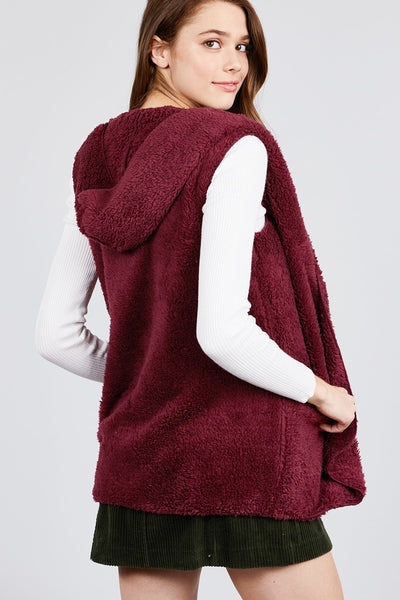 Open Front W/hoodie Faux Fur Vest