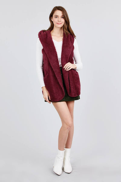 Open Front W/hoodie Faux Fur Vest