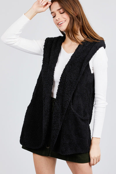 Open Front W/hoodie Faux Fur Vest