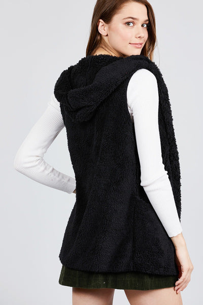 Open Front W/hoodie Faux Fur Vest