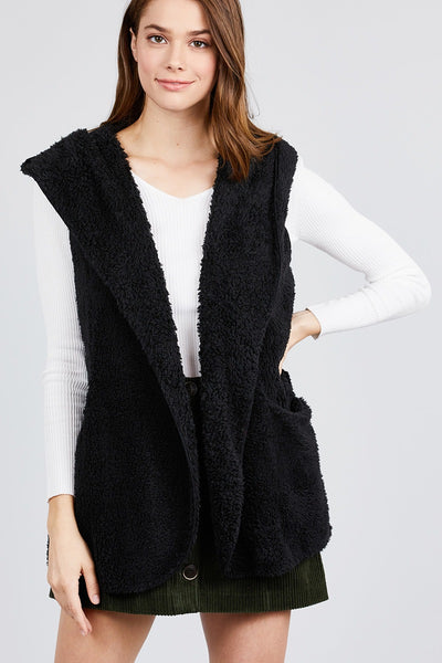 Open Front W/hoodie Faux Fur Vest