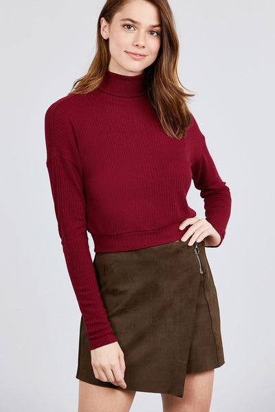 Long Dolman Sleeve Turtle Neck Rib Knit Top
