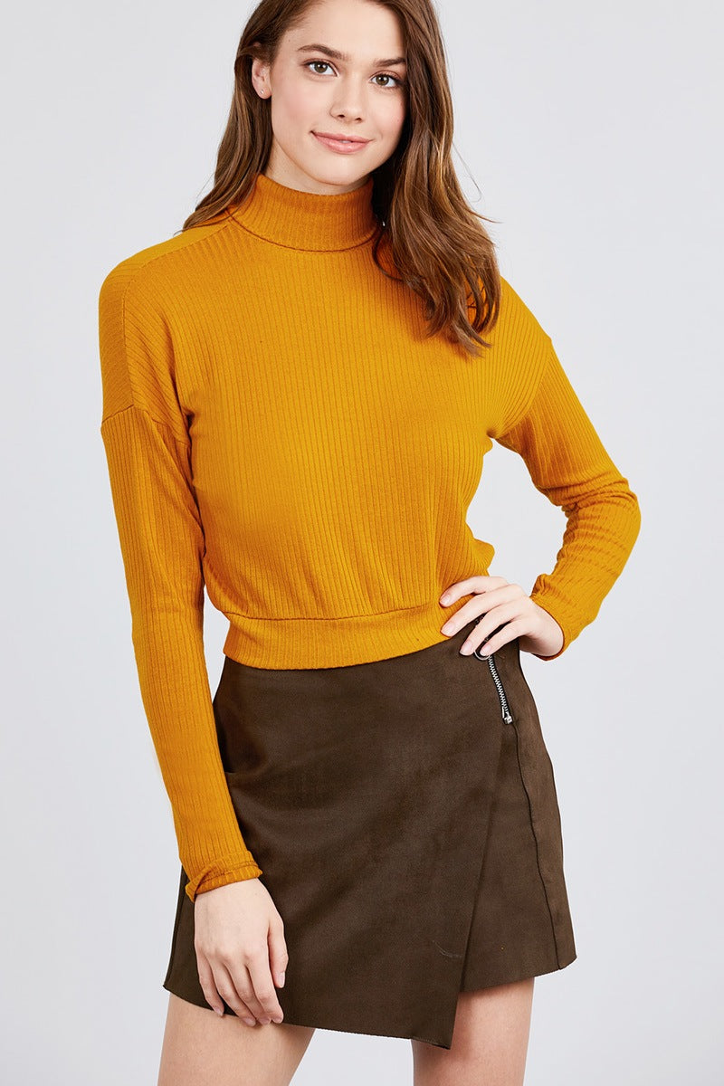 Long Dolman Sleeve Turtle Neck Rib Knit Top